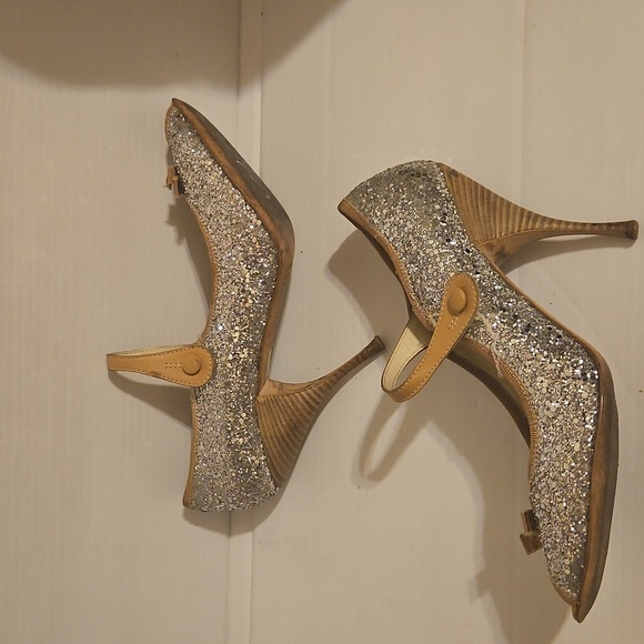 Miu Miu Silver Tan Glitter Mary Jane Open Toe Pumps Size 40 - Picture 6 of 12